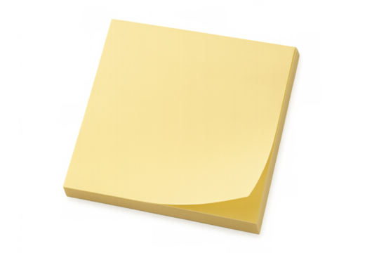 Yellow sticky note with a slightly lifted corner, isolated on a transparent background. Perfect for office, reminder, and organization concepts