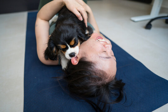 Woman exercising interrupted by playful dog at home