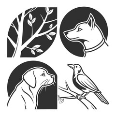 Minimalist noir animals in black white and gray icon set