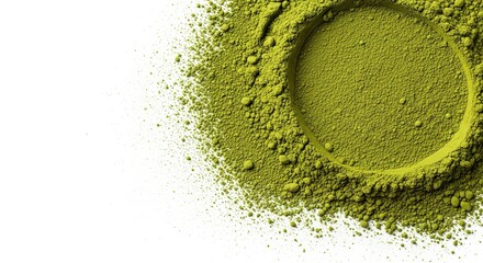 Vibrant green matcha powder artfully arranged on a clean white background