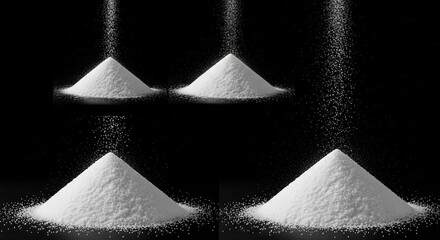 Fine white powder poured into small conical piles against a stark black background
