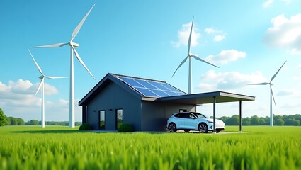 Eco friendly house with solar panels and wind turbines for sustainable living and electric car charging on transparent background