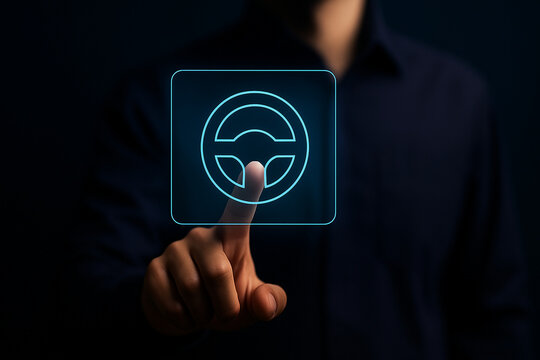 Futuristic touchscreen interface with neon steering wheel icon pressed by hand in dark environment for driving technology and innovation concept
