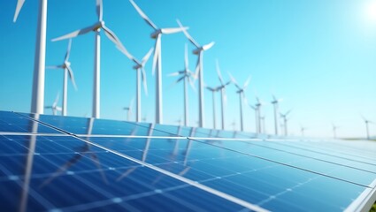 Solar panels and wind turbines generating renewable energy clean power green future sustainable development on transparent background