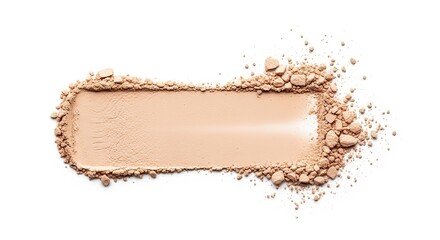 A rectangular swatch of light beige pressed powder makeup with scattered loose powder particles on a white background