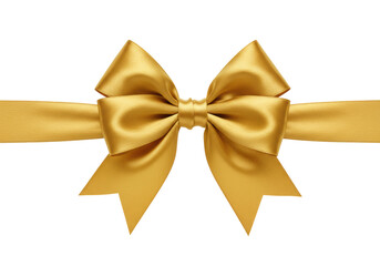 A single, perfectly tied classic decorative bow crafted from luxurious, smooth, shimmering rich metallic gold satin ribbon, with crisp symmetrical loops and flowing tails