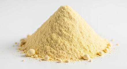 A perfectly piled cone of fine yellow cornmeal against a clean white background