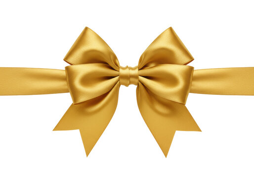 A single, perfectly tied classic decorative bow crafted from luxurious, smooth, shimmering rich metallic gold satin ribbon, with crisp symmetrical loops and flowing tails