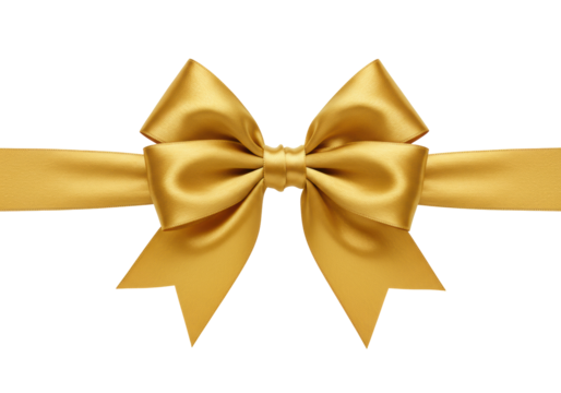 A single, perfectly tied classic decorative bow crafted from luxurious, smooth, shimmering rich metallic gold satin ribbon, with crisp symmetrical loops and flowing tails