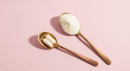 Two wooden spoons hold white collagen powder and capsules on a soft pink background with shadows