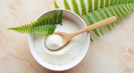 Collagen powder supplement in a bowl with a wooden spoon and green fern leaves for a natural aesthetic
