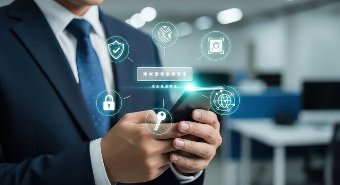 Business mans phone shows security icons protecting personal info. Suitable for cybersecurity concepts or privacy protection themes in business presentations.
