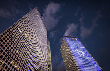 Israel, Tel Aviv financial business district skyline with shopping malls and high tech offices.