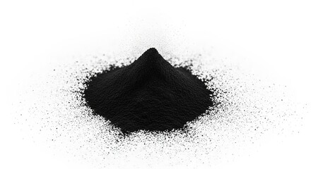 A small dark pile of fine black powder is artfully arranged on a stark white background
