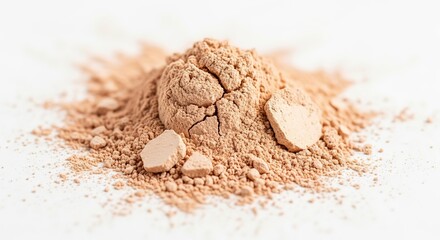 A pile of finely milled light brown powder with a few larger chunks scattered on a white surface