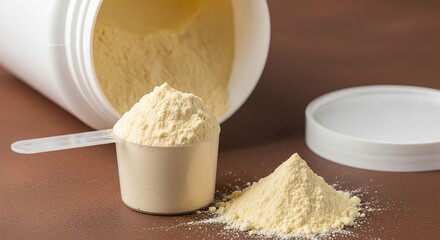 Scoop of creamy yellow protein powder spills from a container next to a pile and lid
