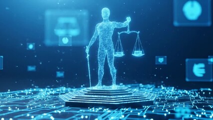 A digital figure of justice holds scales and a sword, symbolizing law and artificial intelligence