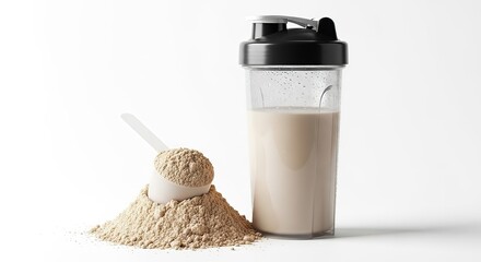 Protein powder and shaker bottle for post workout recovery and muscle building supplements