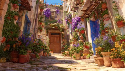 A sunlit alleyway lined with colorful flowers and terracotta pots.