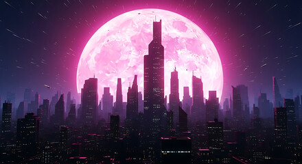 Vibrant Cyberpunk City Night with a Massive Pink Moon