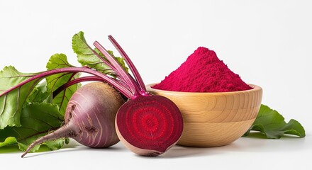 Vibrant beetroot and powdered beetroot displayed together on a white background