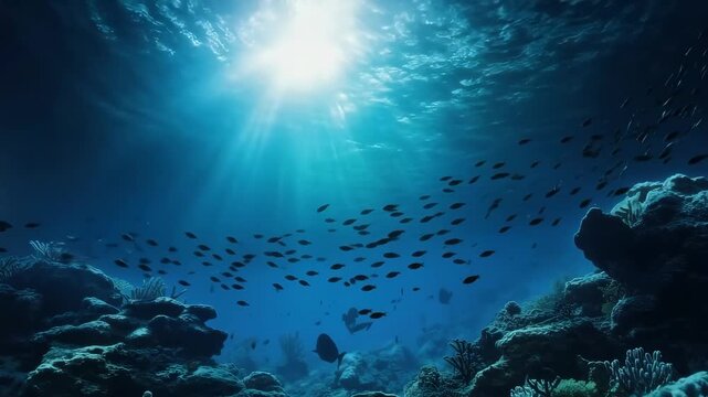 Underwater video scene with a wide-angle view, capturing sunlight filtering through water, illuminating coral reefs and swimming fish. Live desktop wallpaper.