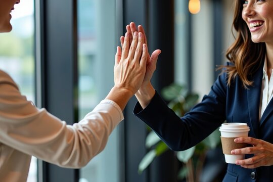 Corporate professionals exchanging a high-five while balancing a coffee cup.