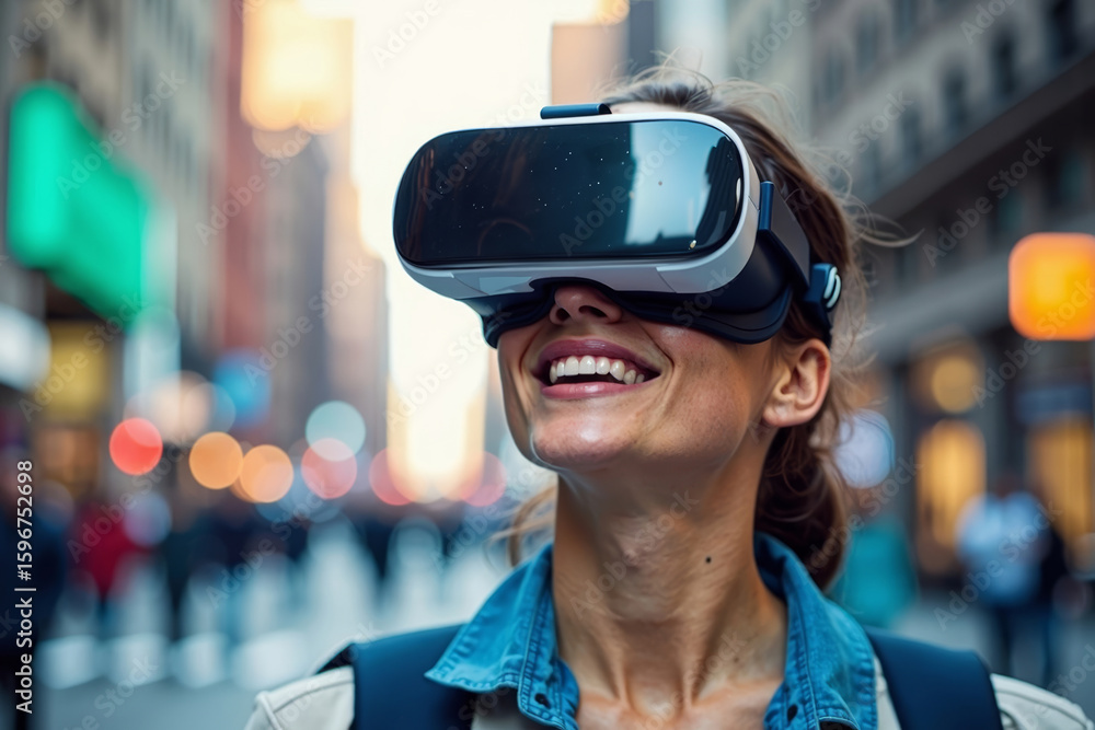 Poster exploring newcity landmarks with virtual reality glasses and location pointers