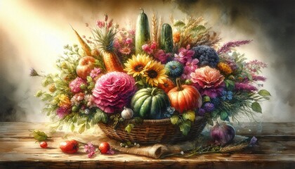Harvest Basket with Vegetables and Colorful Flowers