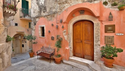A quaint alleyway with a terracotta-colored house and wooden door.