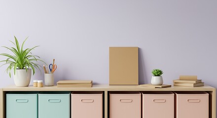 Pastel-colored storage bins, books, plants, and stationery neatly organized on a light wood shelf against a pale purple wall.