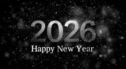 Silver metallic happy new year 2026 text with snowflakes on black background