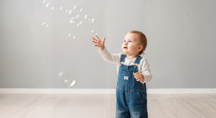 Toddler Reaching for Bubbles in Minimal Living Room