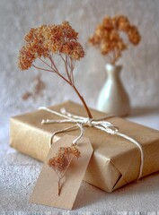 Gift present wrapped in kraft paper with dried flowers.