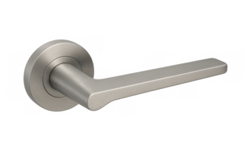 Stainless steel door handle featuring smooth curved base, mounting on minimalist architectural surface, reflecting contemporary design aesthetic