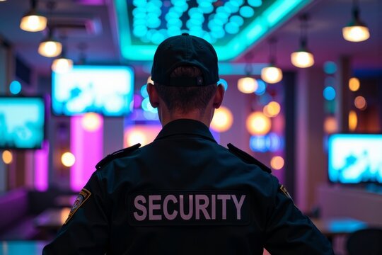 Security Officer Stands Vigilant in Nightclub, Surrounded by Futuristic Holographic Display.