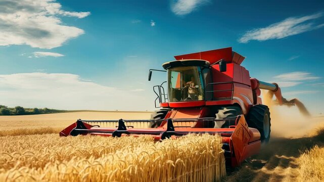 Dynamic low-angle shot of a red combine harvester in a golden wheat field under a blue sky, perfect for an agricultural video theme. Live desktop wallpaper.