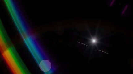 Blurred rainbow refraction overlay effect. Light lens prism effect on black background. Holographic reflection, crystal flare leak shadow overlay. Colorful rainbow disco ball light