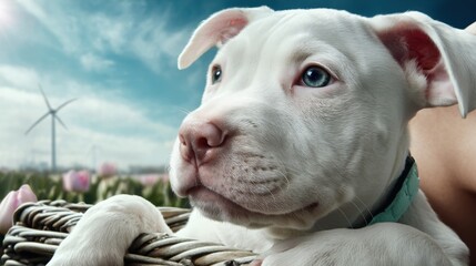 Obraz premium Adorable White Puppy with Blue Eyes in a Beautiful Landscape Setting