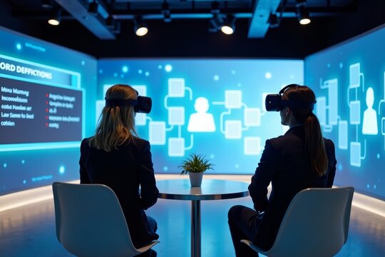 Interview in a Cutting-Edge Virtual Reality Simulation Room: Woman Surrounded by Holographic Screens Showcasing Skills and Qualifications.