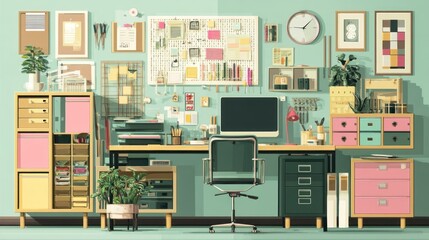 A brightly colored, organized home office space.