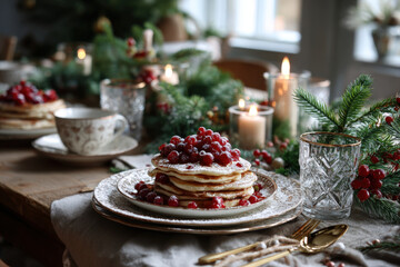 Naklejka premium Scandinavian christmas breakfast table with pancakes, berries, fir branches, and candles