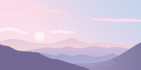 a mountainous landscape during sunset or sunrise with a pale pink and blue sky.