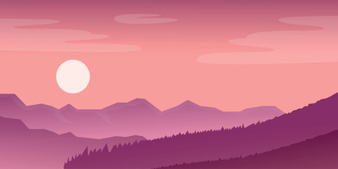 a picturesque landscape with a sunset over the mountains. The sun, depicted as a large white ball, is located above the horizon, and the sky has a delicate pink hue.