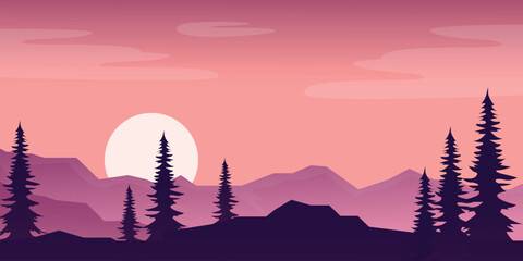 Sunset over the mountains in pink and purple color scheme with dark silhouettes of coniferous trees and rocks.