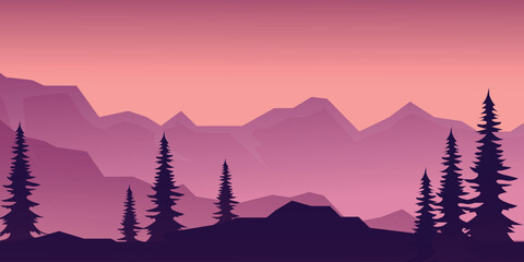 Sunset over the mountains in pink and purple color scheme with dark silhouettes of coniferous trees and rocks.