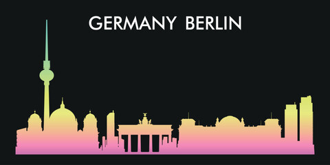 Silhouette of the city of Berlin, Germany, on a black background. The color scheme of the silhouette goes from pink at the bottom to yellow and green at the top.