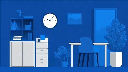 Blue minimalist office interior illustration.