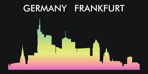 Silhouette of the city of Frankfurt, Germany, on a black background. The color scheme of the silhouette goes from pink at the bottom to yellow and green at the top.