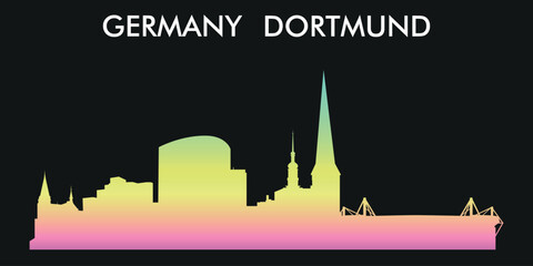 The image shows a silhouette of the city of Dortmund, Germany, on a black background. The color scheme of the silhouette goes from pink at the bottom to yellow and green at the top.